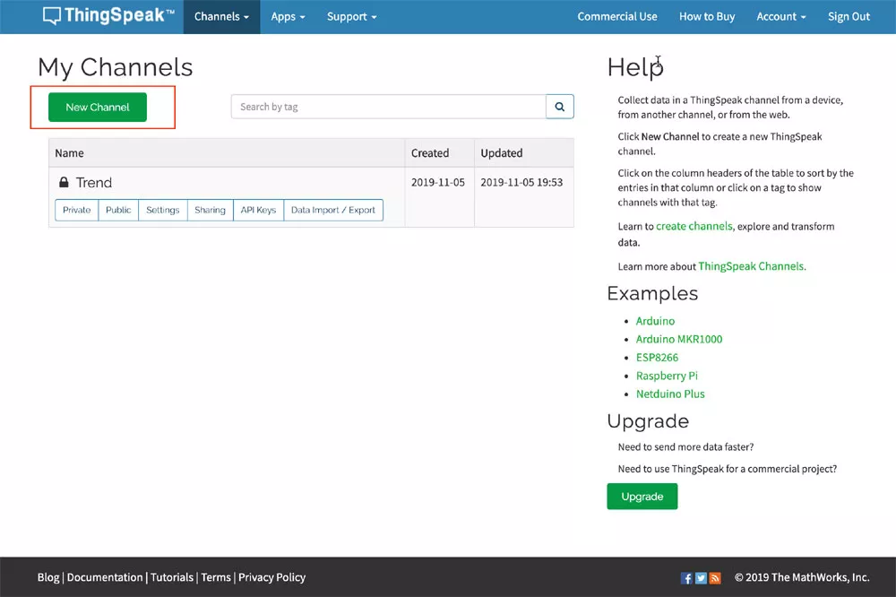 ThingSpeak новый канал