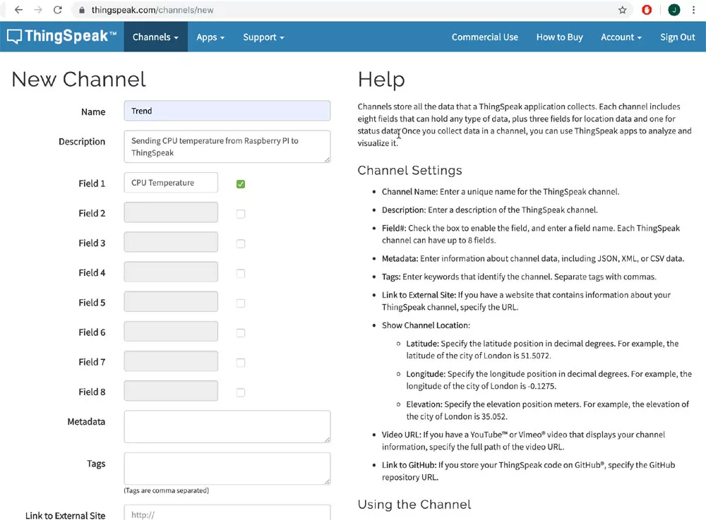 ThingSpeak настройка канала