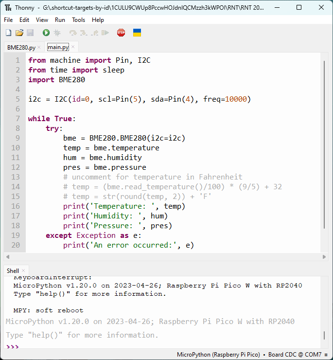 Raspberry Pi Pico Thonny IDE - чтение температуры, влажности и давления с BME280