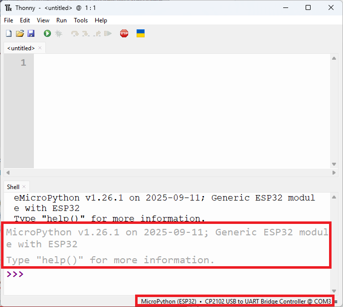 MicroPython успешно установлен через Thonny IDE на ESP32