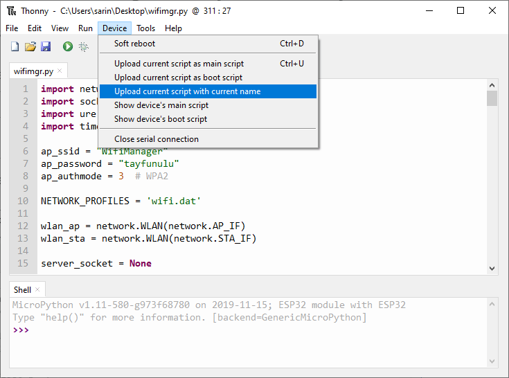 Загрузка библиотеки wifimgr с помощью Thonny IDE MicroPython