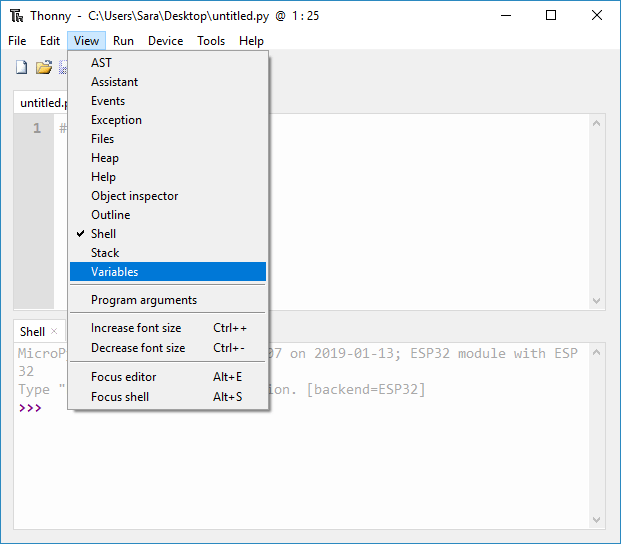 Меню View в Thonny IDE