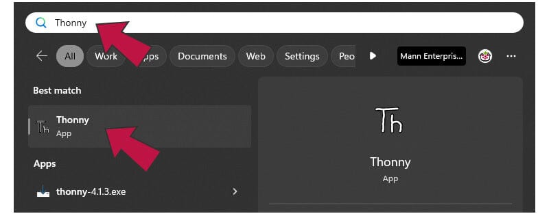 Поиск Thonny в Windows