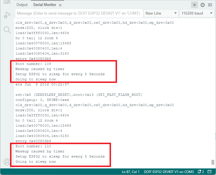 Демонстрация пробуждения ESP32 по таймеру