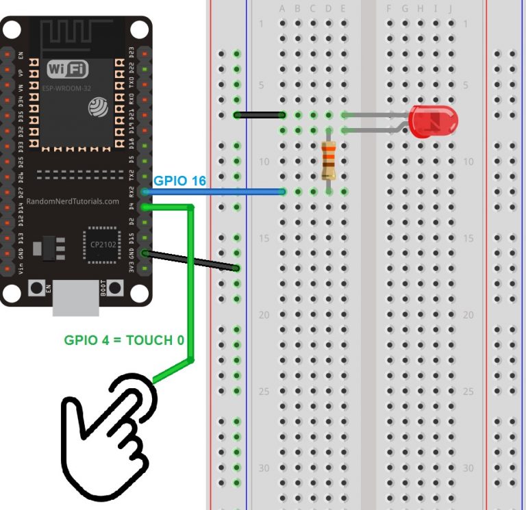 Принципиальная схема сенсорного светодиода с сенсорными пинами ESP32
