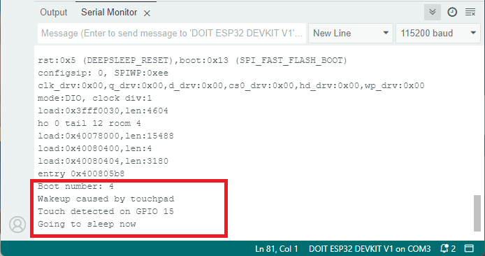 Тестирование пробуждения ESP32 по сенсорным выводам - демонстрация в мониторе последовательного порта