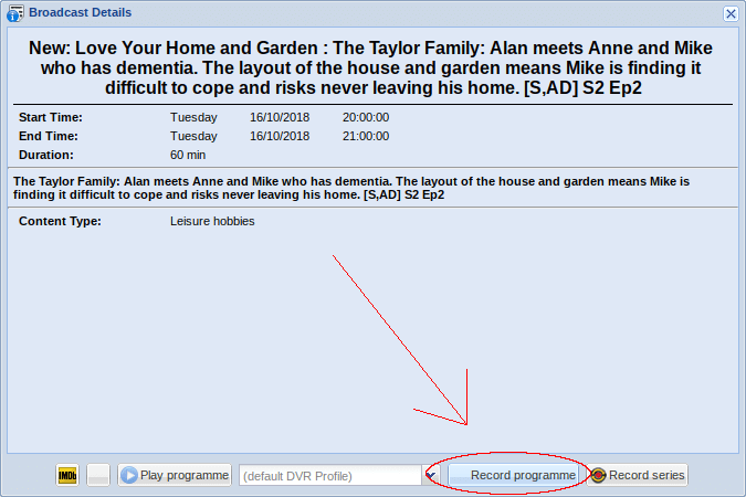 Запись программы EPG Tvheadend