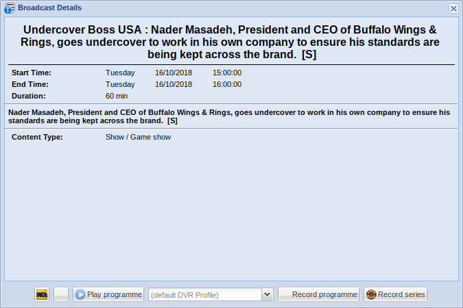 Информация о программе EPG Tvheadend