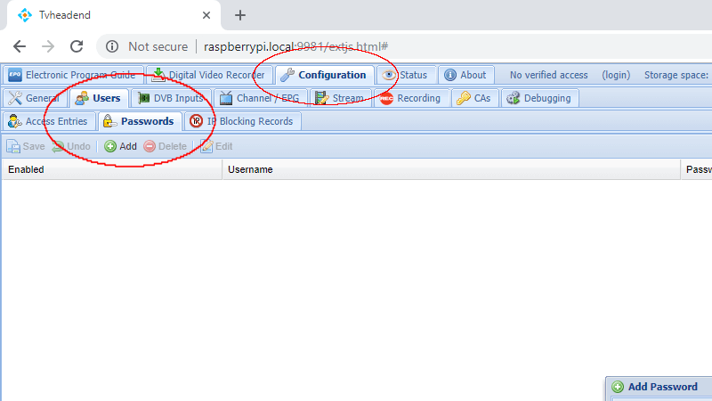 Tvheadend — добавление пользователя