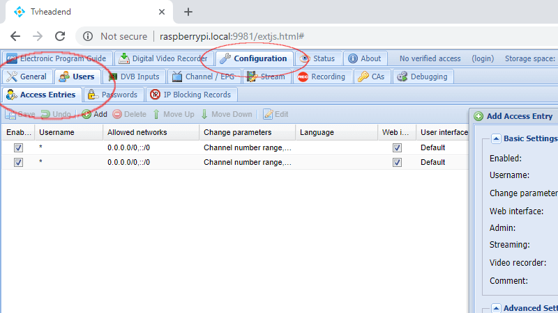 Tvheadend — настройка доступа пользователей