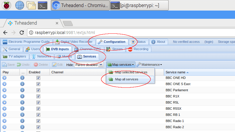 Сопоставление служб Tvheadend
