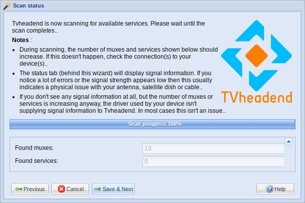 Мастер Tvheadend — сканирование завершено