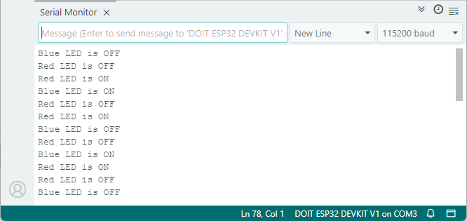Serial Monitor показывает состояние двух разных светодиодов -- тестирование нескольких таймеров FreeRTOS с ESP32