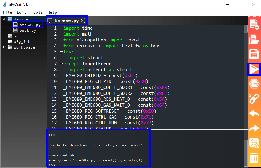 uPyCraft IDE — сохранение файла библиотеки на устройство ESP32 ESP8266