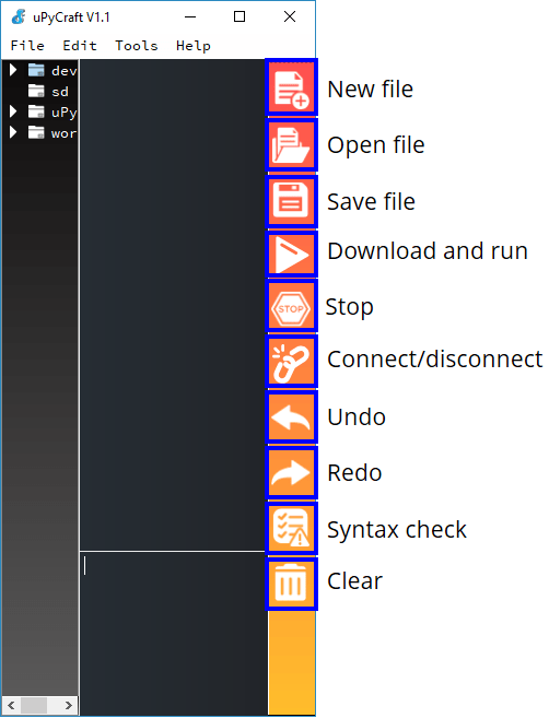 Панель инструментов uPyCraft IDE