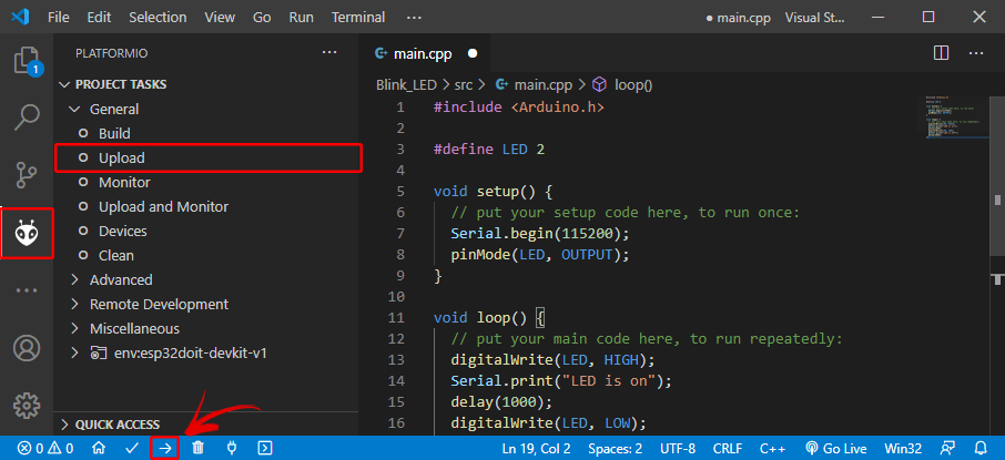 Загрузка кода на плату ESP32 PlatformIO VS Code Visual Studio