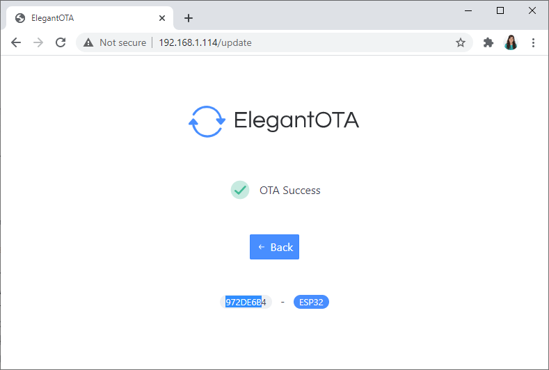 Успешная загрузка новой прошивки Elegant OTA