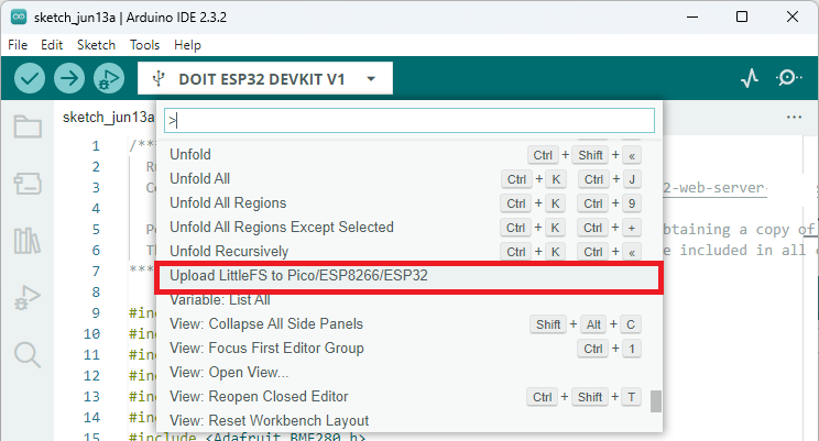 Загрузка данных скетча ESP32 LittleFS Arduino IDE