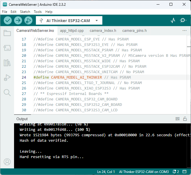 Успешная загрузка примера CameraWebServer в Arduino IDE