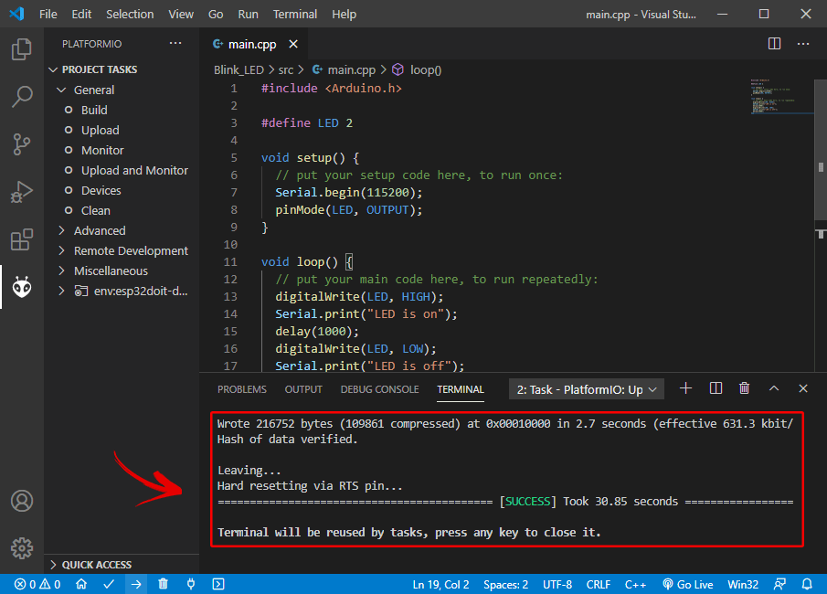 Успешная загрузка кода на ESP32 PlatformIO VS Code