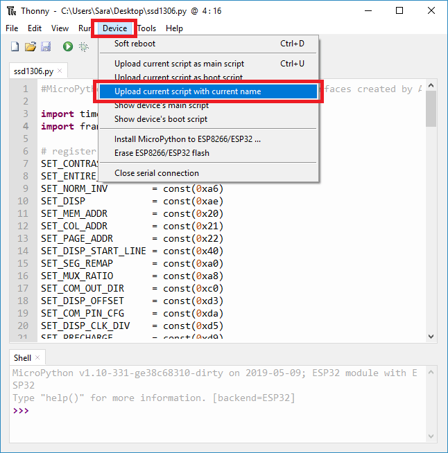 Thonny IDE — загрузка файла скрипта библиотеки MicroPython