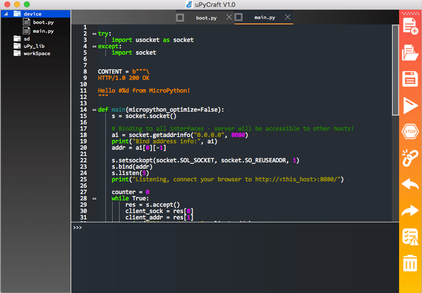 Интерфейс uPyCraft IDE на Mac OS X