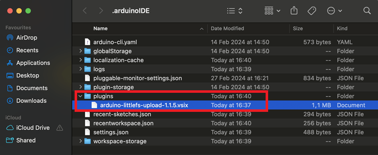 Перемещение файла vsix плагина LittleFS в Arduino IDE 2 на Mac OS