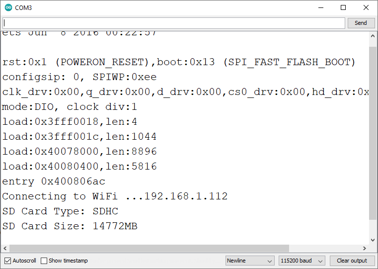Веб-сервер ESP32 с файлами с microSD-карты - Serial Monitor демонстрация