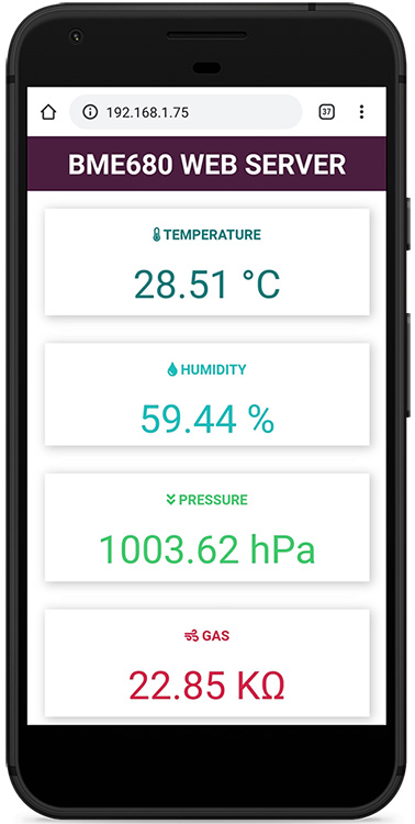 Демонстрация веб-сервера ESP32 с датчиком BME680 на телефоне