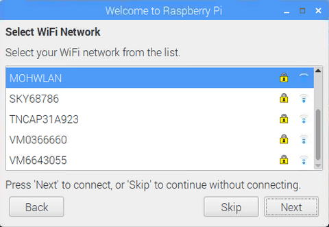 Экран выбора WiFi сети Raspberry Pi