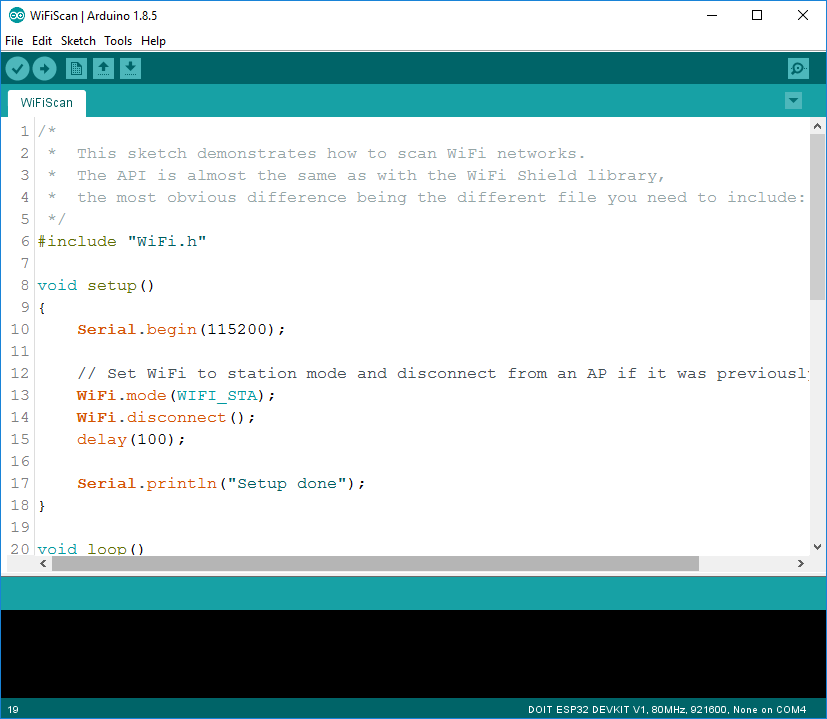 Arduino IDE — загрузка примера WiFiScan на ESP32