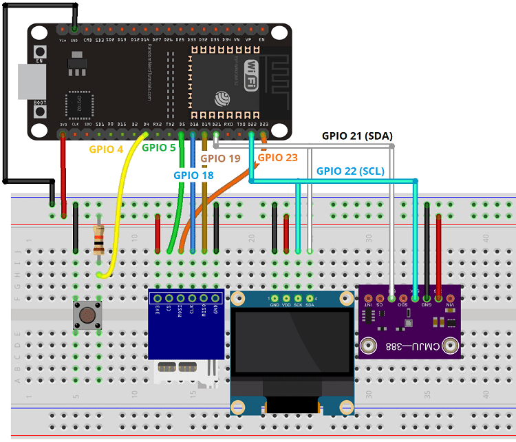 Схема подключения ESP32 BMP388 Даталоггер OLED кнопка