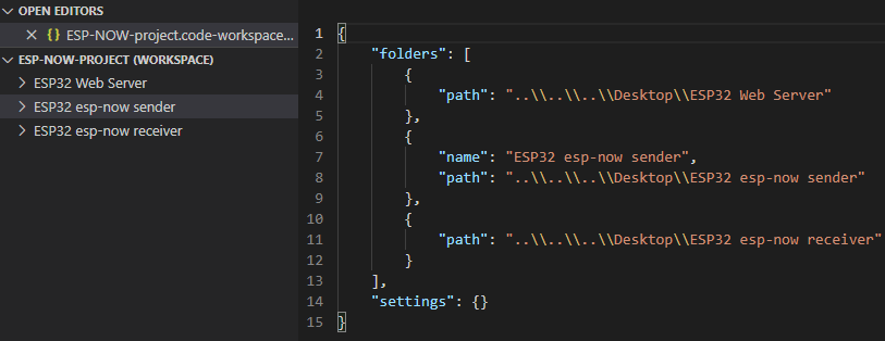 Содержимое файла рабочей области VS Code ESP32 ESP8266