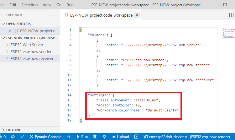 VS Code новые настройки рабочей области ESP32 ESP8266
