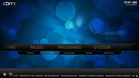 Главное меню OpenELEC XBMC — переход в Programs и OpenELEC