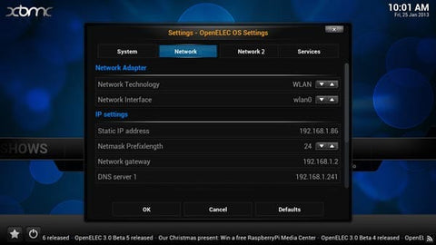 Вкладка network в настройках OpenELEC — заполнение сетевых параметров